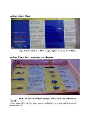 Various optical fibers
Fig.1.3. Demonstration of different types of glass fibers and plastic fibers.
Various fiber optical connectors andadaptors
Fig.1.4. Demonstration of different types of fiber connectors and adaptors.
Result:
Various optical fibers and fiber optic connectors and adaptors have been studied through the
demonstration kit.
 