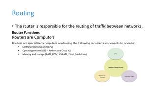 Routing
• The router is responsible for the routing of traffic between networks.
Router Functions
Routers are Computers
Routers are specialized computers containing the following required components to operate:
• Central processing unit (CPU)
• Operating system (OS) - Routers use Cisco IOS
• Memory and storage (RAM, ROM, NVRAM, Flash, hard drive)
 