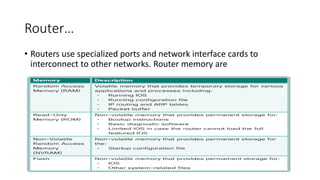 Router…
• Routers use specialized ports and network interface cards to
interconnect to other networks. Router memory are
 