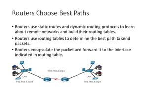 Routers Choose Best Paths
• Routers use static routes and dynamic routing protocols to learn
about remote networks and build their routing tables.
• Routers use routing tables to determine the best path to send
packets.
• Routers encapsulate the packet and forward it to the interface
indicated in routing table.
 