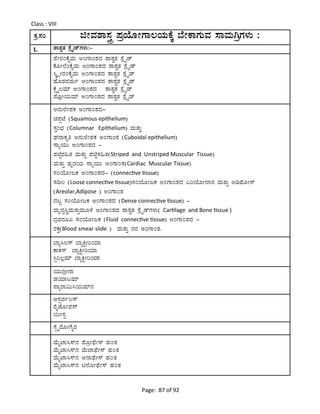 Page: 87 of 92
Class : VIII
PÀæ.¸ÀA fÃªÀ±Á¸ÀÛç ¥ÀæAiÉÆÃUÁ®AiÀÄPÉÌ ¨ÉÃPÁUÀÄªÀ ¸ÁªÀÄVæUÀ¼ÀÄ :
1. ±Á±ÀévÀ ¸ÉèöÊqïUÀ¼ÀÄ:-
¥ÉÃgÀAPÉÊªÀÄ CAUÁA±ÀzÀ ±Á±ÀévÀ ¸ÉèöÊqï
PÉÆÃ¯ÉAPÉÊªÀÄ CAUÁA±ÀzÀ ±Á±ÀévÀ ¸ÉèöÊqï
¹Ì÷èÃgÀAPÉÊªÀÄ CAUÁA±ÀzÀ ±Á±ÀévÀ ¸ÉèöÊqï
ºÉÆgÀzÀªÀÄð CAUÁA±ÀzÀ ±Á±ÀévÀ ¸ÉèöÊqï
PÉìöÊ®ªÀiï CAUÁA±ÀzÀ ±Á±ÀévÀ ¸ÉèöÊqï
¥ÉÆèÃAiÀÄªÀiï CAUÁA±ÀzÀ ±Á±ÀévÀ ¸ÉèöÊqï
C£ÀÄ¯ÉÃ¥ÀPÀ CAUÁA±ÀzÀ-
ZÀ¥ÀàmÉ (Squamous epithelium)
¸ÀÛA¨sÀ (Columnar Epithelium) ªÀÄvÀÄÛ
WÀ£ÁPÀÈw C£ÀÄ¯ÉÃ¥ÀPÀ CAUÁA±À (Cuboidal epithelium)
¸ÁßAiÀÄÄ CAUÁA±ÀzÀ -
¥ÀmÉÖgÀ»vÀ ªÀÄvÀÄÛ ¥ÀmÉÖ¸À»vÀ(Striped and Unstriped Muscular Tissue)
ªÀÄvÀÄÛ ºÀÈzÀAiÀÄ ¸ÁßAiÀÄÄ CAUÁA±À(Cardiac Muscular Tissue)
¸ÀAAiÉÆÃdPÀ CAUÁA±ÀzÀ- (connective tissue)
¸Àr® (Loose connective tissue)¸ÀAAiÉÆÃdPÀ CAUÁA±ÀzÀ KjAiÉÆÃ¯ÁgÀ ªÀÄvÀÄÛ Cr¥ÉÆÃ¸ï
(Areolar,Adipose ) CAUÁA±À
zÀlÖ ¸ÀAAiÉÆÃdPÀ CAUÁA±ÀzÀ (Dense connective tissue) -
ªÀÄÈzÀé¹ÜªÀÄvÀÄÛªÀÄÆ¼É CAUÁA±ÀzÀ ±Á±ÀévÀ ¸ÉèöÊqïUÀ¼ÀÄ( Cartilage and Bone tissue )
zÀæªÀgÀÆ¦ ¸ÀAAiÉÆÃdPÀ (Fluid connective tissue) CAUÁA±ÀzÀ -
gÀPÀÛ(Blood smear slide ) ªÀÄvÀÄÛ £ÀgÀ CAUÁA±À.
¨Áå¹®¸ï ¨ÁåQÖÃjAiÀiÁ
PÁPÀ¸ï ¨ÁåQÖÃjAiÀiÁ
¹àj®èªÀiï ¨ÁåQÖÃjAiÀiÁÀ
AiÀÄÄVèÃ£Á
qÀAiÀiÁlªÀiï
¥ÁågÁ«Ä¹AiÀÄªÀiï£À
D¸Ààfð®¸ï
gÉÊeÉÆÃ¥À¸ïÀ
¬ÄÃ¸ÀÖ
¸ÉàöÊgÉÆÃUÉÊgÀ
ªÉÄÊmÁ¹¸ï£À ¥ÉÆæÃ¥sÉÃ¸ï ºÀAvÀ
ªÉÄÊmÁ¹¸ï£À ªÉÄmÁ¥sÉÃ¸ï ºÀAvÀ
ªÉÄÊmÁ¹¸ï£À C£Á¥sÉÃ¸ï ºÀAvÀ
ªÉÄÊmÁ¹¸ï£À n¯ÉÆÃ¥sÉÃ¸ï ºÀAvÀ
 
