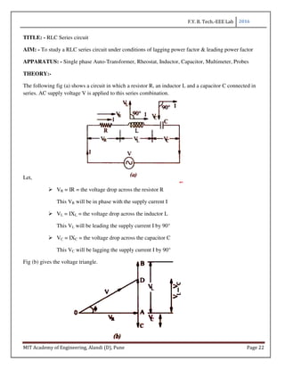 F.Y. B. Tech.-EEE Lab 2016
MIT Academy of Engineering, Alandi (D), Pune Page 22
TITLE: - RLC Series circuit
AIM: - To study a RLC series circuit under conditions of lagging power factor & leading power factor
APPARATUS: - Single phase Auto-Transformer, Rheostat, Inductor, Capacitor, Multimeter, Probes
THEORY:-
The following fig (a) shows a circuit in which a resistor R, an inductor L and a capacitor C connected in
series. AC supply voltage V is applied to this series combination.
Let,
VR = IR = the voltage drop across the resistor R
This VR will be in phase with the supply current I
VL = IXL = the voltage drop across the inductor L
This VL will be leading the supply current I by 90°
VC = IXC = the voltage drop across the capacitor C
This VC will be lagging the supply current I by 90°
Fig (b) gives the voltage triangle.
 