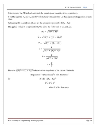 F.Y. B. Tech.-EEE Lab 2016
MIT Academy of Engineering, Alandi (D), Pune Page 23
OA represents VR, AB and AC represents the inductive and capacitive drops respectively.
It will be seen that VL and VC are 180° out of phase with each other i.e. they are in direct opposition to each
other.
Subtracting BD (=AC) from AB, we get the net reactive drop AD = I (XL – XC)
The applied voltage V is represented by OD and is the vector sum of OA and AD.
	 	
	 ( ) 	( −	 )
	 	 ( ) 	( −	 )
	
( ) 	( −	 )
	
( ) 	( )
	
The term ( ) 	( −	 ) is known as the impedance of the circuit. Obviously,
(Impedance) 2
= (Resistance) 2
+ (Net Reactance) 2
Or Z2
= R2
+ (XL – XC) 2
Z2
= R2
+ X2
where X = Net Reactance
 