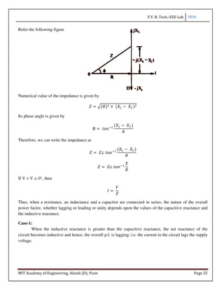 F.Y. B. Tech.-EEE Lab 2016
MIT Academy of Engineering, Alandi (D), Pune Page 25
Refer the following figure
Numerical value of the impedance is given by
( ) 	( −	 )
Its phase angle is given by
∅ 	 ./
( −	 )
Therefore, we can write the impedance as
	 ∠	 ./
( −	 )
	 ∠	 ./
If V = V ∠ 0°, then
	
Thus, when a resistance, an inductance and a capacitor are connected in series, the nature of the overall
power factor, whether lagging or leading or unity depends upon the values of the capacitive reactance and
the inductive reactance.
Case-1:
When the inductive reactance is greater than the capacitive reactance, the net reactance of the
circuit becomes inductive and hence, the overall p.f. is lagging; i.e. the current in the circuit lags the supply
voltage.
 