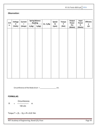 F.Y. B. Tech.-EEE Lab 2016
MIT Academy of Engineering, Alandi (D), Pune Page 44
Observation:
Circumference of the Brake drum = __________________ cm.
FORMULAE:
Circumference
R = ------------------- m
100 x2π
Torque T = (S1 ∼ S2) x R x 9.81 Nm
S.N
o.
Voltage
V
(Volts)
Current
I
(Amps)
Spring Balance
Reading
(S1- S2)Kg
Speed
N
(rpm)
Torque
T
(Nm)
Output
Power
Pm
(Watts)
Input
Power
Pi
(Watts)
Efficienc
y
ηηηη%S1(Kg) S2(Kg)
 