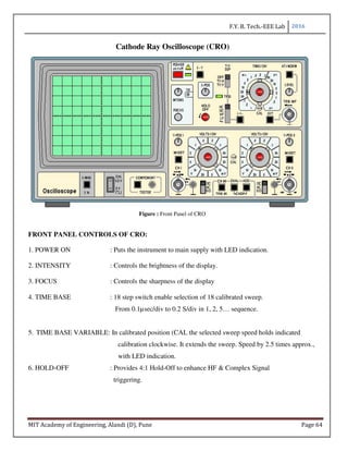 F.Y. B. Tech.-EEE Lab 2016
MIT Academy of Engineering, Alandi (D), Pune Page 64
Cathode Ray Oscilloscope (CRO)
Figure : Front Panel of CRO
FRONT PANEL CONTROLS OF CRO:
1. POWER ON : Puts the instrument to main supply with LED indication.
2. INTENSITY : Controls the brightness of the display.
3. FOCUS : Controls the sharpness of the display
4. TIME BASE : 18 step switch enable selection of 18 calibrated sweep.
From 0.1µsec/div to 0.2 S/div in 1, 2, 5… sequence.
5. TIME BASE VARIABLE: In calibrated position (CAL the selected sweep speed holds indicated
calibration clockwise. It extends the sweep. Speed by 2.5 times approx.,
with LED indication.
6. HOLD-OFF : Provides 4:1 Hold-Off to enhance HF & Complex Signal
triggering.
 