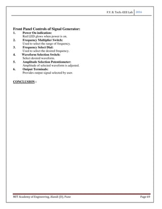 F.Y. B. Tech.-EEE Lab 2016
MIT Academy of Engineering, Alandi (D), Pune Page 69
Front Panel Controls of Signal Generator:
1. Power On indication:
Red LED glows when power is on.
2. Frequency Multiplier Switch:
Used to select the range of frequency.
3. Frequency Select Dial:
Used to select the desired frequency.
4. Waveform Selection Switch:
Select desired waveform.
5. Amplitude Selection Potentiometer:
Amplitude of selected waveform is adjusted.
6. Output Terminals:
Provides output signal selected by user.
CONCLUSION :
 