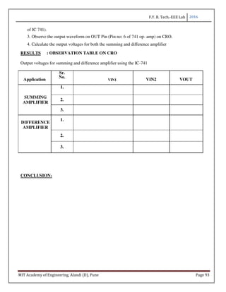 F.Y. B. Tech.-EEE Lab 2016
MIT Academy of Engineering, Alandi (D), Pune Page 93
of IC 741).
3. Observe the output waveform on OUT Pin (Pin no: 6 of 741 op- amp) on CRO.
4. Calculate the output voltages for both the summing and difference amplifier
RESULTS : OBSERVATION TABLE ON CRO
Output voltages for summing and difference amplifier using the IC-741
Application
Sr.
No.
VIN1 VIN2 VOUT
SUMMING
AMPLIFIER
1.
2.
3.
DIFFERENCE
1.
AMPLIFIER
2.
3.
CONCLUSION:
 