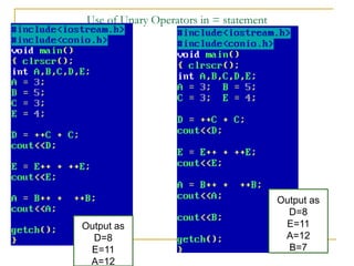 Use of Unary Operators in = statement
Output as
D=8
E=11
A=12
Output as
D=8
E=11
A=12
B=7
 
