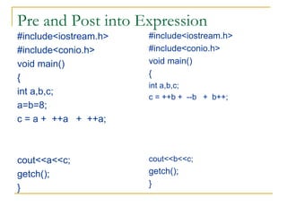 Pre and Post into Expression
#include<iostream.h>
#include<conio.h>
void main()
{
int a,b,c;
a=b=8;
c = a + ++a + ++a;
cout<<a<<c;
getch();
}
#include<iostream.h>
#include<conio.h>
void main()
{
int a,b,c;
c = ++b + --b + b++;
cout<<b<<c;
getch();
}
 