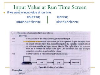 Input Value at Run Time Screen
 If we want to input value at run time
cout<<a; cin>>a;
cout<<a<<b<<c; cin>>a>>b>>c;
 