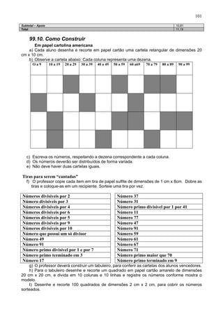 101
Subtotal – Apoio 10,81
Total 11,19
99.10. Como Construir
Em papel cartolina americana
a) Cada aluno desenha e recorte em papel cartão uma cartela retangular de dimensões 20
cm x 10 cm.
b) Observe a cartela abaixo: Cada coluna representa uma dezena.
O a 9 10 a 19 20 a 29 30 a 39 40 a 49 50 a 59 60 a69 70 a 79 80 a 89 90 a 99
c) Escreva os números, respeitando a dezena correspondente a cada coluna.
d) Os números deverão ser distribuídos de forma variada.
e) Não deve haver duas cartelas iguais.
Tiras para serem “cantadas”
f) O professor copie cada item em tira de papel sulfite de dimensões de 1 cm x 8cm. Dobre as
tiras e coloque-as em um recipiente. Sorteie uma tira por vez.
Números divisíveis por 2 Número 37
Número divisíveis por 3 Número 31
Números divisíveis por 4 Número primo divisível por 1 por 41
Números divisíveis por 6 Número 11
Números divisíveis por 5 Número 77
Números divisíveis por 9 Número 47
Números divisíveis por 10 Número 91
Número que possui um só divisor Número 59
Número 49 Número 61
Número 91 Número 67
Número primo divisível por 1 e por 7 Número 71
Número primo terminado em 3 Número primo maior que 70
Número 17 Número primo terminado em 9
g) O professor deverá construir um tabuleiro, para conferir as cartelas dos alunos vencedores.
h) Para o tabuleiro desenhe e recorte um quadrado em papel cartão amarelo de dimensões
20 cm x 20 cm, e divida em 10 colunas e 10 linhas e registre os números conforme mostra o
modelo.
I) Desenhe e recorte 100 quadrados de dimensões 2 cm x 2 cm, para cobrir os números
sorteados.
 
