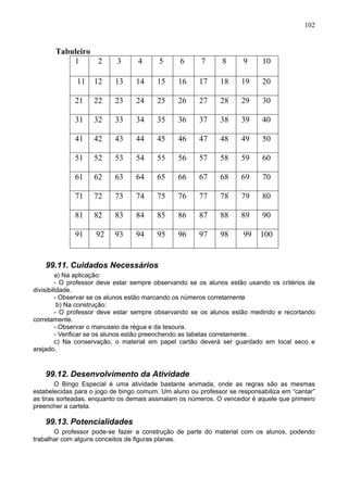 102
Tabuleiro
99.11. Cuidados Necessários
a) Na aplicação:
- O professor deve estar sempre observando se os alunos estão usando os critérios de
divisibilidade.
- Observar se os alunos estão marcando os números corretamente
b) Na construção:
- O professor deve estar sempre observando se os alunos estão medindo e recortando
corretamente.
- Observar o manuseio da régua e da tesoura.
- Verificar se os alunos estão preenchendo as tabelas corretamente.
c) Na conservação, o material em papel cartão deverá ser guardado em local seco e
arejado.
99.12. Desenvolvimento da Atividade
O Bingo Especial é uma atividade bastante animada, onde as regras são as mesmas
estabelecidas para o jogo de bingo comum. Um aluno ou professor se responsabiliza em “cantar”
as tiras sorteadas, enquanto os demais assinalam os números. O vencedor é aquele que primeiro
preencher a cartela.
99.13. Potencialidades
O professor pode-se fazer a construção de parte do material com os alunos, podendo
trabalhar com alguns conceitos de figuras planas.
1 2 3 4 5 6 7 8 9 10
11 12 13 14 15 16 17 18 19 20
21 22 23 24 25 26 27 28 29 30
31 32 33 34 35 36 37 38 39 40
41 42 43 44 45 46 47 48 49 50
51 52 53 54 55 56 57 58 59 60
61 62 63 64 65 66 67 68 69 70
71 72 73 74 75 76 77 78 79 80
81 82 83 84 85 86 87 88 89 90
91 92 93 94 95 96 97 98 99 100
 