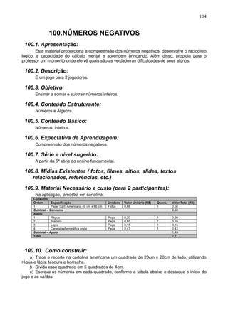 104
100.NÚMEROS NEGATIVOS
100.1. Apresentação:
Este material proporciona a compreensão dos números negativos, desenvolve o raciocínio
lógico, a capacidade do cálculo mental e aprendem brincando. Além disso, propicia para o
professor um momento onde ele vê quais são as verdadeiras dificuldades de seus alunos.
100.2. Descrição:
É um jogo para 2 jogadores.
100.3. Objetivo:
Ensinar a somar e subtrair números inteiros.
100.4. Conteúdo Estruturante:
Números e Álgebra.
100.5. Conteúdo Básico:
Números inteiros.
100.6. Expectativa de Aprendizagem:
Compreensão dos números negativos.
100.7. Série e nível sugerido:
A partir da 6ª série do ensino fundamental.
100.8. Mídias Existentes ( fotos, filmes, sítios, slides, textos
relacionados, referências, etc.)
100.9. Material Necessário e custo (para 2 participantes):
Na aplicação, amostra em cartolina:
Consumo
Ordem Especificação Unidade Valor Unitário (R$) Quant. Valor Total (R$)
1 Papel Cart. Americana 48 cm x 66 cm Folha 0,68 1 0,68
Subtotal – Consumo 0,68
Apoio
1 Régua Peça 0,20 1 0,20
2 Tesoura Peça 0,65 1 0,65
3 Lápis Peça 0,15 1 0,15
4 Caneta esferográfica preta Peça 0,43 1 0,43
Subtotal – Apoio 1,43
Total 2,11
100.10. Como construir:
a) Trace e recorte na cartolina americana um quadrado de 20cm x 20cm de lado, utilizando
régua e lápis, tesoura e borracha.
b) Divida esse quadrado em 5 quadrados de 4cm.
c) Escreva os números em cada quadrado, conforme a tabela abaixo e destaque o início do
jogo e as saídas.
 