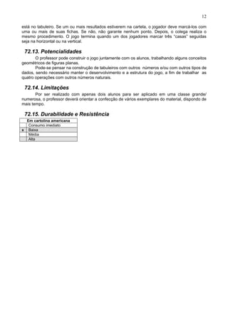 12
está no tabuleiro. Se um ou mais resultados estiverem na cartela, o jogador deve marcá-los com
uma ou mais de suas fichas. Se não, não garante nenhum ponto. Depois, o colega realiza o
mesmo procedimento. O jogo termina quando um dos jogadores marcar três “casas” seguidas
seja na horizontal ou na vertical.
72.13. Potencialidades
O professor pode construir o jogo juntamente com os alunos, trabalhando alguns conceitos
geométricos de figuras planas.
Pode-se pensar na construção de tabuleiros com outros números e/ou com outros tipos de
dados, sendo necessário manter o desenvolvimento e a estrutura do jogo, a fim de trabalhar as
quatro operações com outros números naturais.
72.14. Limitações
Por ser realizado com apenas dois alunos para ser aplicado em uma classe grande/
numerosa, o professor deverá orientar a confecção de vários exemplares do material, dispondo de
mais tempo.
72.15. Durabilidade e Resistência
Em cartolina americana
Consumo imediato
x Baixa
Média
Alta
 