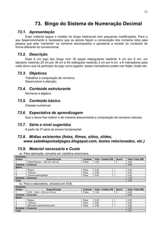13
73. Bingo do Sistema de Numeração Decimal
73.1. Apresentação
Esse material segue o modelo do bingo tradicional com pequenas modificações. Para o
seu desenvolvimento é necessário que os alunos façam a composição dos números lidos pela
pessoa que esta “cantando” os números decompostos e apresenta a revisão do conteúdo de
forma diferente do convencional.
73.2. Descrição
Esse é um jogo tipo bingo com 30 peças retangulares medindo 4 cm por 9 cm, um
tabuleiro medindo 24 cm por 36 cm e 54 retângulos medindo 2 cm por 6 cm. e 6 marcadores para
cada aluno que irá participar do jogo como jogador, esses marcadores podem ser feijão, botão etc.
73.3. Objetivos
Trabalhar a composição de números;
Desenvolver a atenção;
73.4. Conteúdo estruturante
Números e álgebra
73.5. Conteúdo básico
Classes numéricas
73.6. Expectativa de aprendizagem
Que o aluno fixe melhor e de maneira descontraída a composição de números naturais.
73.7. Série e nível sugeridos
A partir da 3ª série do ensino fundamental.
73.8. Mídias existentes (fotos, filmes, sítios, slides,
www.saladeapoioabjogos.blogspot.com, textos relacionados, etc.)
73.9. Material necessário e Custo
a) Para aplicação, amostra em cartolina americana.
Consumo
Ordem Especificação Unidade Valor Unitário R$ Quant. Valor Total (R$)
1 Papel Paraná – 100 cm x 80 cm Folha 1,95 2 3,90
Subtotal – Consumo 3,90
Apoio
1 Régua Peça 0,20 1 0,20
2 Tesoura Peça 0,65 1 0,65
3 Caneta esferográfica Peça 0,45 1 0,45
Subtotal – Consumo 1,30
Total 5,20
b) Para o laboratório, amostra em EVA.
Consumo
Ordem Especificação Unidade Valor Unitário R$ Quant. Valor Total (R$)
1 EVA - 2mm – 50 cm x 40 cm Folha 1,50 4 6,00
Subtotal – Consumo 6,00
Apoio
1 Régua Peça 0,20 1 0,20
2 Tesoura Peça 0,65 1 0,65
3 Marcador permanente preto Peça 0,96 1 0,96
Subtotal – Consumo 1,81
Total 7,81
 