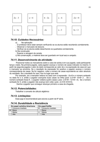 18
74.10. Cuidados Necessários:
a) Na aplicação:
. O professor deve estar sempre verificando se os alunos estão recortando corretamente.
. Observar o manuseio da tesoura.
. Verificar se os alunos estão desenhando os quadrados corretamente.
b) Na construção:
. Esperar a secagem da caneta.
c) Na conservação, o material deve ser guardado em local seco e arejado.
74.11. Desenvolvimento da atividade:
Posicionar todos os marcadores sobre a casa de saída,e em sua jogada, cada participante
lança o dado. Na primeira jogada, cada jogador avança o número de casas indicado no mesmo. A
partir da segunda jogada o valor do dado corresponde ao valor de x na expressão da casa em que
o marcador se encontra. Se o resultado da expressão for positivo o jogador avança o número
correspondente de casas. Se for negativo, volta o número de casas equivalente ao valor absoluto
do resultado. Se o resultado for zero, fica no lugar que está.
Por exemplo, se o marcador estava na casa com a expressão: -2x+8 e o número sorteado
no dado foi o 3, então o jogador avançaria duas casas na trilha (pois -2.3+8= -6+8= 2 . Se o
número sorteado fosse 6 , o jogador voltaria quatro casas ( pois –2.6+8= -12+8= -4). Se o número
sorteado for 4, então o jogador não avança nem volta ( pois –2.4+8=-8+8=0).
Ganha o jogador que conseguir alcançar primeiro a casa da chegada.
74.12. Potencialidades:
Trabalhar o conceito de cálculo algébrico
74.13. Limitações:
Esse jogo é recomendável para alunos a partir de 6ª série.
74.14. Durabilidade e Resistência
Em papel cartolina Americana Em papel Sulfite
Consumo imediato X Consumo imediato
X Baixa Baixa
Média X Média
Alta Alta
2x – 3 x + 4 6 – 2x -2x + 8x – 6
x – 3x x - 31 + x -4x 3x + 2
 