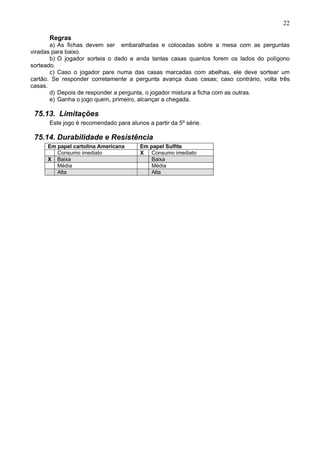 22
Regras
a) As fichas devem ser embaralhadas e colocadas sobre a mesa com as perguntas
viradas para baixo.
b) O jogador sorteia o dado e anda tantas casas quantos forem os lados do polígono
sorteado.
c) Caso o jogador pare numa das casas marcadas com abelhas, ele deve sortear um
cartão. Se responder corretamente a pergunta avança duas casas; caso contrário, volta três
casas.
d) Depois de responder a pergunta, o jogador mistura a ficha com as outras.
e) Ganha o jogo quem, primeiro, alcançar a chegada.
75.13. Limitações
Este jogo é recomendado para alunos a partir da 5º série.
75.14. Durabilidade e Resistência
Em papel cartolina Americana Em papel Sulfite
Consumo imediato X Consumo imediato
X Baixa Baixa
Média Média
Alta Alta
 