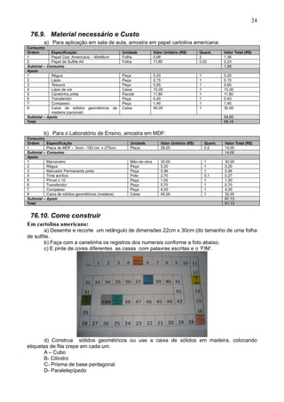 24
76.9. Material necessário e Custo
a) Para aplicação em sala de aula, amostra em papel cartolina americana:
Consumo
Ordem Especificação Unidade Valor Unitário (R$) Quant. Valor Total (R$)
1 Papel Cart. Americana – 48x66cm Folha 0,68 2 1,36
2 Papel de Sulfite A4 Folha 11,80 0,02 0,23
Subtotal – Consumo 1,59
Apoio
1 Régua Peça 0,20 1 0,20
2 Lápis Peça 0,15 1 0,15
3 Tesoura Peça 0,65 1 0,65
4 Lápis de cor Caixa 10,00 1 10,00
5 Canetinha preta Pacote 11,80 1 11,80
6 Transferidor Peça 0,40 1 0,40
7 Compasso Peça 1,40 1 1,40
8 Caixa de sólidos geométricos de
madeira (opcional)
Caixa 40,00 1 30,00
Subtotal – Apoio 54,60
Total 56,19
b) Para o Laboratório de Ensino, amostra em MDF:
Consumo
Ordem Especificação Unidade Valor Unitário (R$) Quant. Valor Total (R$)
1 Placa de MDF – 3mm - 183 cm x 275cm Placa 28,00 0,5 14,00
Subtotal – Consumo 14,00
Apoio
1 Marceneiro Mão-de-obra 30,00 1 30,00
2 Régua Peça 0,20 1 0,20
3 Marcador Permanente preto Peça 0,96 1 0,96
4 Tinta acrílica Pote 2,70 0,1 0,27
5 Pincel n 10 Peça 1,00 1 1,00
6 Transferidor Peça 0,70 1 0,70
7 Compasso Peça 4,00 1 4,00
8 Caixa de sólidos geométricos (madeira) Caixa 40,00 1 30,00
Subtotal – Apoio 67,13
Total 81,13
76.10. Como construir
Em cartolina americana:
a) Desenhe e recorte um retângulo de dimensões 22cm x 30cm (do tamanho de uma folha
de sulfite.
b) Faça com a canetinha os registros dos numerais conforme a foto abaixo.
c) E pinte de cores diferentes as casas com palavras escritas e o ‘FIM’.
d) Construa sólidos geométricos ou use a caixa de sólidos em madeira, colocando
etiquetas de fita crepe em cada um.
A – Cubo
B- Cilindro
C- Prisma de base pentagonal
D- Paralelepípedo
 