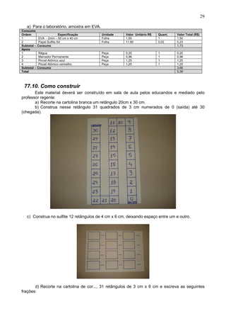 29
a) Para o laboratório, amostra em EVA.
Consumo
Ordem Especificação Unidade Valor Unitário R$ Quant. Valor Total (R$)
1 EVA - 2mm – 50 cm x 40 cm Folha 1,50 1 1,50
2 Papel Sulfite A4 Folha 11,80 0,02 0,23
Subtotal – Consumo 1,73
Apoio
1 Régua Peça 0,20 1 0,20
2 Marcador Permanente Peça 0,96 1 0,96
3 Pincel Atômico azul Peça 1,25 1 1,25
4 Pincel Atômico vermelho Peça 1,25 1 1,25
Subtotal – Consumo 3,66
Total 5,39
77.10. Como construir
Este material deverá ser construído em sala de aula pelos educandos e mediado pelo
professor regente:
a) Recorte na cartolina branca um retângulo 20cm x 30 cm.
b) Construa nesse retângulo 31 quadrados de 3 cm numerados de 0 (saída) até 30
(chegada).
c) Construa no sulfite 12 retângulos de 4 cm x 6 cm, deixando espaço entre um e outro.
d) Recorte na cartolina de cor..., 31 retângulos de 3 cm x 6 cm e escreva as seguintes
frações:
 
