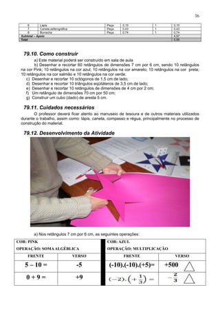 36
6 Lápis Peça 0,15 1 0,15
7 Caneta esferográfica Peça 0,43 1 0,43
8 Borracha Peça 0,74 1 0,74
Subtotal – Apoio 4,57
Total 5,95
79.10. Como construir
a) Este material poderá ser construído em sala de aula
b) Desenhar e recortar 60 retângulos de dimensões 7 cm por 6 cm, sendo 10 retângulos
na cor Pink; 10 retângulos na cor azul; 10 retângulos na cor amarelo; 10 retângulos na cor preta;
10 retângulos na cor salmão e 10 retângulos na cor verde.
c) Desenhar e recortar 10 octógonos de 1,5 cm de lado;
d) Desenhar e recortar 10 triângulos eqüiláteros de 3,5 cm de lado;
e) Desenhar e recortar 10 retângulos de dimensões de 4 cm por 2 cm;
f) Um retângulo de dimensões 70 cm por 50 cm;
g) Construir um cubo (dado) de aresta 5 cm.
79.11. Cuidados necessários
O professor deverá ficar atento ao manuseio de tesoura e de outros materiais utilizados
durante o trabalho, assim como: lápis, caneta, compasso e régua, principalmente no processo de
construção do material.
79.12. Desenvolvimento da Atividade
a) Nos retângulos 7 cm por 6 cm, as seguintes operações:
COR: PINK
OPERAÇÃO: SOMAALGÉBLICA
COR: AZUL
OPERAÇÃO: MULTIPLICAÇÃO
FRENTE VERSO FRENTE VERSO
5 – 10 = -5 (-10).(-10).(+5)= +500
0 + 9 = +9
 