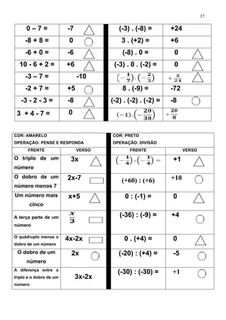 37
0 – 7 = -7 (-3) . (-8) = +24
-8 + 8 = 0 3 . (+2) = +6
-6 + 0 = -6 (-8) . 0 = 0
10 - 6 + 2 = +6 (-3) . 0 . (-2) = 0
-3 – 7 = -10
-2 + 7 = +5 8 . (-9) = -72
-3 - 2 - 3 = -8 (-2) . (-2) . (-2) = -8
3 + 4 - 7 = 0
COR: AMARELO
OPERAÇÃO: PENSE E RESPONDA
COR: PRETO
OPERAÇÃO: DIVISÃO
FRENTE VERSO FRENTE VERSO
O triplo de um
número
3x +1
O dobro de um
número menos 7
2x-7 (+60) : (+6) +10
Um número mais
cinco
x+5 0 : (-1) = 0
A terça parte de um
número
(-36) : (-9) = +4
O quádruplo menos o
dobro de um número
4x-2x 0 . (+4) = 0
O dobro de um
número
2x (-20) : (+4) = -5
A diferença entre o
triplo e o dobro de um
número
3x-2x
(-30) : (-30) = +1
 