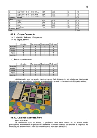 54
3 EVA – 2mm – 50 cm x 40 cm roxo Folha 1,50 1 1,50
4 EVA – 2mm – 50 cm x 40 cm amarelo Folha 1,50 1 1,50
5 EVA – 2mm – 50 cm x 40 cm verde Folha 1,50 1 1,50
6 EVA – 2mm – 50 cm x 40 cm laranja Folha 1,50 1 1,50
Subtotal – Consumo 9,00
Apoio
1 Régua Peça 0,20 1 0,20
2 Lápis Peça 0,15 1 0,15
3 Tesoura Peça 0,65 1 0,65
4 Cola Peça 0,60 1 0,60
5 Fita Crepe Peça 2,00 0,1 0,20
Subtotal – Apoio 1,80
Total 10,80
85.9. Como Construir
a) 1 tabuleiro 4x4 com 16 espaços
b) 48 peças, sendo:
Círculos Pentágonos Quadrados Triângulo
Amarelo 4 4 4 4
Branco 1 1 1 1
Verde 1 1 1 1
Roxo 1 1 1 1
Laranja 1 1 1 1
c) Peças com desenho:
Círculos Pentágonos Quadrados Triângulo
Amarelo 1 1 1 1
Branco 1 1 1 1
Verde 1 1 1 1
Roxo 1 1 1 1
Laranja 1 1 1 1
d) O tabuleiro e as peças são construídos em EVA. O tamanho do tabuleiro e das figuras
geométricas fica a critério do professor, e dependendo da série pode ser construído pelos alunos.
85.10. Cuidados Necessários
a) Na aplicação:
Se construído com os alunos, o professor deve estar atento se os alunos estão
participando inteiramente do processo e também se estão fazendo os recortes e seguindo as
medidas pré-determinadas, além do cuidado com o manuseio da tesoura.
 
