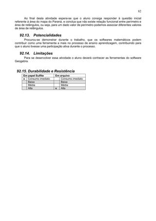 82
Ao final desta atividade espera-se que o aluno consiga responder à questão inicial
referente à área do mapa do Paraná, e conclua que não existe relação funcional entre perímetro e
área de retângulos, ou seja, para um dado valor de perímetro podemos associar diferentes valores
de área de retângulos.
92.13. Potencialidades
Procurou-se demonstrar durante o trabalho, que os softwares matemáticos podem
contribuir como uma ferramenta a mais no processo de ensino aprendizagem, contribuindo para
que o aluno tivesse uma participação ativa durante o processo.
92.14. Limitações
Para se desenvolver essa atividade o aluno deverá conhecer as ferramentas do software
Geogebra.
92.15. Durabilidade e Resistência
Em papel Sulfite Em arquivo
x Consumo imediato Consumo imediato
Baixa Baixa
Média Média
Alta x Alta
 