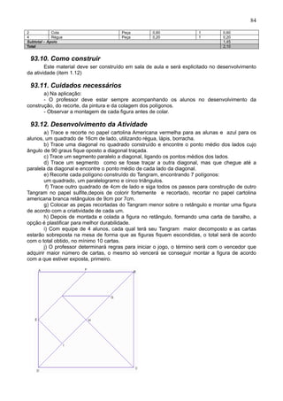 84
2 Cola Peça 0,60 1 0,60
4 Régua Peça 0,20 1 0,20
Subtotal – Apoio 1,45
Total 2,10
93.10. Como construir
Este material deve ser construído em sala de aula e será explicitado no desenvolvimento
da atividade (item 1.12)
93.11. Cuidados necessários
a) Na aplicação:
- O professor deve estar sempre acompanhando os alunos no desenvolvimento da
construção, do recorte, da pintura e da colagem dos polígonos.
- Observar a montagem de cada figura antes de colar.
93.12. Desenvolvimento da Atividade
a) Trace e recorte no papel cartolina Americana vermelha para as alunas e azul para os
alunos, um quadrado de 16cm de lado, utilizando régua, lápis, borracha.
b) Trace uma diagonal no quadrado construído e encontre o ponto médio dos lados cujo
ângulo de 90 graus fique oposto a diagonal traçada.
c) Trace um segmento paralelo a diagonal, ligando os pontos médios dos lados.
d) Trace um segmento como se fosse traçar a outra diagonal, mas que chegue até a
paralela da diagonal e encontre o ponto médio de cada lado da diagonal.
e) Recorte cada polígono construído do Tangram, encontrando 7 polígonos:
um quadrado, um paralelogramo e cinco triângulos.
f) Trace outro quadrado de 4cm de lado e siga todos os passos para construção de outro
Tangram no papel sulfite,depois de colorir fortemente e recortado, recortar no papel cartolina
americana branca retângulos de 9cm por 7cm.
g) Colocar as peças recortadas do Tangram menor sobre o retângulo e montar uma figura
de acordo com a criatividade de cada um.
h) Depois de montada e colada a figura no retângulo, formando uma carta de baralho, a
opção é plastificar para melhor durabilidade.
i) Com equipe de 4 alunos, cada qual terá seu Tangram maior decomposto e as cartas
estarão sobreposta na mesa de forma que as figuras fiquem escondidas, o total será de acordo
com o total obtido, no mínimo 10 cartas.
j) O professor determinará regras para iniciar o jogo, o término será com o vencedor que
adquirir maior número de cartas, o mesmo só vencerá se conseguir montar a figura de acordo
com a que estiver exposta, primeiro.
 