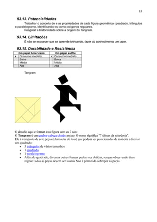 85
93.13. Potencialidades
Trabalhar o conceito de e as propriedades de cada figura geométrica (quadrado, triângulos
e paralelogramo, identificando-os como polígonos regulares.
Resgatar a historicidade sobre a origem do Tangram.
93.14. Limitações
É não se esquecer que se aprende brincando, fazer do conhecimento um lazer.
93.15. Durabilidade e Resistência
Em papel Americano Em papel sulfite
x Consumo imediato x Consumo imediato
Baixa Baixa
Média Média
Alta Alta
Tangram
O desafio aqui é formar esta figura com os 7 tans
O Tangram é um quebra-cabeça chinês antigo. O nome significa "7 tábuas da sabedoria".
Ele é composto de sete peças (chamadas de tans) que podem ser posicionadas de maneira a formar
um quadrado:
• 5 triângulos de vários tamanhos
• 1 quadrado
• 1 paralelogramo
• Além do quadrado, diversas outras formas podem ser obtidas, sempre observando duas
regras:Todas as peças devem ser usadas Não é permitido sobrepor as peças.
 