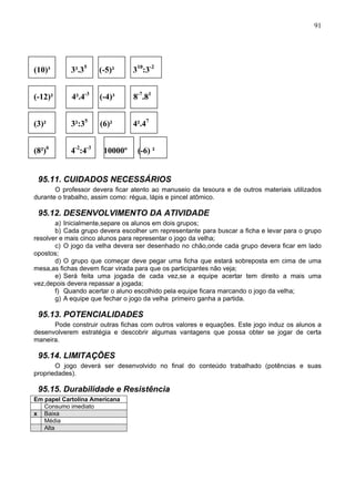 91
(10)³ 3².35
(-5)² 310
:3-2
(-12)² 4².4-3
(-4)³ 8-7
.81
(3)² 3²:35
(6)² 4².47
(8²)6
4-2
:4-3
10000º (-6) ²
95.11. CUIDADOS NECESSÁRIOS
O professor devera ficar atento ao manuseio da tesoura e de outros materiais utilizados
durante o trabalho, assim como: régua, lápis e pincel atômico.
95.12. DESENVOLVIMENTO DA ATIVIDADE
a) Inicialmente,separe os alunos em dois grupos;
b) Cada grupo devera escolher um representante para buscar a ficha e levar para o grupo
resolver e mais cinco alunos para representar o jogo da velha;
c) O jogo da velha devera ser desenhado no chão,onde cada grupo devera ficar em lado
opostos;
d) O grupo que começar deve pegar uma ficha que estará sobreposta em cima de uma
mesa,as fichas devem ficar virada para que os participantes não veja;
e) Será feita uma jogada de cada vez,se a equipe acertar tem direito a mais uma
vez,depois devera repassar a jogada;
f) Quando acertar o aluno escolhido pela equipe ficara marcando o jogo da velha;
g) A equipe que fechar o jogo da velha primeiro ganha a partida.
95.13. POTENCIALIDADES
Pode construir outras fichas com outros valores e equações. Este jogo induz os alunos a
desenvolverem estratégia e descobrir algumas vantagens que possa obter se jogar de certa
maneira.
95.14. LIMITAÇÕES
O jogo deverá ser desenvolvido no final do conteúdo trabalhado (potências e suas
propriedades).
95.15. Durabilidade e Resistência
Em papel Cartolina Americana
Consumo imediato
x Baixa
Média
Alta
 