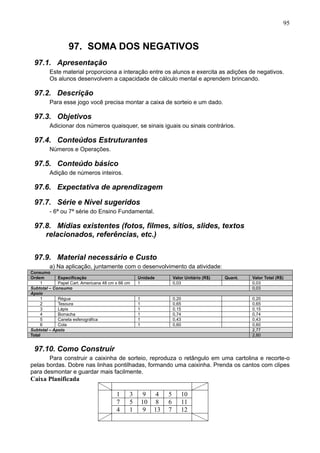 95
97. SOMA DOS NEGATIVOS
97.1. Apresentação
Este material proporciona a interação entre os alunos e exercita as adições de negativos.
Os alunos desenvolvem a capacidade de cálculo mental e aprendem brincando.
97.2. Descrição
Para esse jogo você precisa montar a caixa de sorteio e um dado.
97.3. Objetivos
Adicionar dos números quaisquer, se sinais iguais ou sinais contrários.
97.4. Conteúdos Estruturantes
Números e Operações.
97.5. Conteúdo básico
Adição de números inteiros.
97.6. Expectativa de aprendizagem
97.7. Série e Nível sugeridos
- 6ª ou 7ª série do Ensino Fundamental.
97.8. Mídias existentes (fotos, filmes, sítios, slides, textos
relacionados, referências, etc.)
97.9. Material necessário e Custo
a) Na aplicação, juntamente com o desenvolvimento da atividade:
Consumo
Ordem Especificação Unidade Valor Unitário (R$) Quant. Valor Total (R$)
1 Papel Cart. Americana 48 cm x 66 cm 1 0,03 0,03
Subtotal – Consumo 0,03
Apoio
1 Régua 1 0,20 0,20
2 Tesoura 1 0,65 0,65
3 Lápis 1 0,15 0,15
4 Borracha 1 0,74 0,74
5 Caneta esferográfica 1 0,43 0,43
6 Cola 1 0,60 0,60
Subtotal – Apoio 2,77
Total 2,80
97.10. Como Construir
Para construir a caixinha de sorteio, reproduza o retângulo em uma cartolina e recorte-o
pelas bordas. Dobre nas linhas pontilhadas, formando uma caixinha. Prenda os cantos com clipes
para desmontar e guardar mais facilmente.
Caixa Planificada
1 3 9 4 5 10
7 5 10 8 6 11
4 1 9 13 7 12
 
