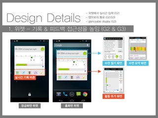 Design Details
1. 위젯 - 기록 & 피드백 접근성을 높임 (G2 & G3)
- 위젯에서 실시간 입력 (G2)
- 앱으로의 통로 (G2/G3)
- glanceable display (G3)
잠금화면 위젯 홈화면 위젯
실시간 기록 버튼
icon (Figure 2–A). In addition, SleepTight’s widget pro-
vides easy access to the full app. For example, tapping on
the timeline region invokes the Add Activity tab (Figure 2–
B). Tapping on the sleep summary region at the top invokes
the Daily Sleep Diary page (Figure 2–C, more on the next
section) or the Sleep Summary tab if people have already
completed the sleep diary. Lastly, SleepTight’s widgets
serve as a glanceable display, which provide visual feed-
back on people’s activity and sleep logs. People can quickly
see their captured data on the timeline presented on the lock
screen or home screen widgets, which is designed to pro-
mote frequent reflection. We note that people using the
App-only system could still capture sleep and other contrib-
uting factors by going through the following steps: (1) un-
lock the phone, (2) go to the “Apps” page (e.g., home
screen), (3) look for the SleepTight icon, (4) open the app,
(5) go to Add Activity page, and (6) click one of the factor
icons or the sleep icon from the left column (Figure 3–A).
Capturing Target Behaviors and Contributing Factors
To support our first design goal of enabling people to cap-
ture both target behaviors and contributing factors (G1), we
consulted with a sleep researcher to determine important
entries that can influence individuals’ sleep behaviors.
SleepTight supports capturing target behaviors (e.g., sleep
quality, sleep duration, or sleep efficiency) and contributing
factors (e.g., daytime and nighttime activities that are likely
to impact sleep). S
tributing factors co
medicine commun
caffeine, alcohol, t
sources of sleep d
SleepTight allows
activities by remov
activities they bel
People can track u
five factors are sho
In addition, people
which the top five
widget (Figure 2–
track his tobacco u
can hide the tobacc
from the full app (F
The Daily Sleep D
from the widget (F
A diary entry for t
tween 12:00 AM a
having a 24-hour t
made this design ch
a consistent captur
required questions
sleep time, wake-u
questions (number
Figure 2. SleepTight’s widget allows easy data capture from the lock screen or home sc
(B, C), and serves as a glanceable display.
A B    C 
Figure 3. SleepTight’s app pages: Add Activity tab and vertical timeline (A), Sleep Summ
tab—sleep behaviors group by sleep quality (C), and Comparison tab—contributing fact
활동 추가 화면
icon (Figure 2–A). In addition, SleepTight’s widget pro-
vides easy access to the full app. For example, tapping on
the timeline region invokes the Add Activity tab (Figure 2–
B). Tapping on the sleep summary region at the top invokes
the Daily Sleep Diary page (Figure 2–C, more on the next
section) or the Sleep Summary tab if people have already
completed the sleep diary. Lastly, SleepTight’s widgets
serve as a glanceable display, which provide visual feed-
back on people’s activity and sleep logs. People can quickly
see their captured data on the timeline presented on the lock
screen or home screen widgets, which is designed to pro-
mote frequent reflection. We note that people using the
App-only system could still capture sleep and other contrib-
uting factors by going through the following steps: (1) un-
lock the phone, (2) go to the “Apps” page (e.g., home
screen), (3) look for the SleepTight icon, (4) open the app,
(5) go to Add Activity page, and (6) click one of the factor
icons or the sleep icon from the left column (Figure 3–A).
Capturing Target Behaviors and Contributing Factors
To support our first design goal of enabling people to cap-
ture both target behaviors and contributing factors (G1), we
to impact sleep). SleepTight’s default list of potential con-
tributing factors consists of six items known by the sleep
medicine community to impact sleep—meals, exercise,
caffeine, alcohol, tobacco, and medication [6]. Moreover,
sources of sleep disturbances could be individualistic, so
SleepTight allows people to customize the list of tracked
activities by removing activities or adding their own new
activities they believe might contribute to sleep quality.
People can track up to eight contributing factors, but only
five factors are shown on the widget due to the widget size.
In addition, people can reorder the contributing factors, of
which the top five factors from the list are shown in the
widget (Figure 2–B). For example, if a person wants to
track his tobacco use but does not want others to know, he
can hide the tobacco icon from the widget but still track it
from the full app (Figure 3–A).
The Daily Sleep Diary page is accessible by clicking a link
from the widget (Figure 2–C) or from the app (Figure 3–A).
A diary entry for the previous night’s sleep is enabled be-
tween 12:00 AM and midnight of the following day, thus
having a 24-hour time window to complete the diary. We
Figure 2. SleepTight’s widget allows easy data capture from the lock screen or home screen (A), allows easy access to the full app
(B, C), and serves as a glanceable display.
수면 일기 화면
section) or the Sleep Summary tab if people have already
completed the sleep diary. Lastly, SleepTight’s widgets
serve as a glanceable display, which provide visual feed-
back on people’s activity and sleep logs. People can quickly
see their captured data on the timeline presented on the lock
screen or home screen widgets, which is designed to pro-
mote frequent reflection. We note that people using the
App-only system could still capture sleep and other contrib-
uting factors by going through the following steps: (1) un-
lock the phone, (2) go to the “Apps” page (e.g., home
screen), (3) look for the SleepTight icon, (4) open the app,
(5) go to Add Activity page, and (6) click one of the factor
icons or the sleep icon from the left column (Figure 3–A).
Capturing Target Behaviors and Contributing Factors
To support our first design goal of enabling people to cap-
ture both target behaviors and contributing factors (G1), we
consulted with a sleep researcher to determine important
entries that can influence individuals’ sleep behaviors.
SleepTight supports capturing target behaviors (e.g., sleep
quality, sleep duration, or sleep efficiency) and contributing
factors (e.g., daytime and nighttime activities that are likely
SleepTight allow
activities by rem
activities they b
People can track
five factors are s
In addition, peop
which the top fi
widget (Figure
track his tobacco
can hide the tob
from the full app
The Daily Sleep
from the widget
A diary entry fo
tween 12:00 AM
having a 24-hou
made this design
a consistent capt
required question
sleep time, wake
questions (numb
A B    C 
Figure 3. SleepTight’s app pages: Add Activity tab and vertical timeline (A), Sleep Sum
tab—sleep behaviors group by sleep quality (C), and Comparison tab—contributing fa
수면 요약 화면
 