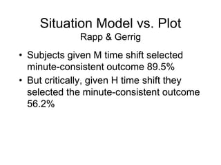 Situation Model vs. Plot
Rapp & Gerrig
• Subjects given M time shift selected
minute-consistent outcome 89.5%
• But critically, given H time shift they
selected the minute-consistent outcome
56.2%
 