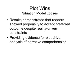 Plot Wins
Situation Model Looses
• Results demonstrated that readers
showed propensity to accept preferred
outcome despite reality-driven
constraints
• Providing evidence for plot-driven
analysis of narrative comprehension
 