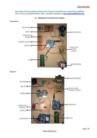 ISSN 2349-7815
International Journal of Recent Research in Electrical and Electronics Engineering (IJRREEE)
Vol. 4, Issue 2, pp: (40-45), Month: April - June 2017, Available at: www.paperpublications.org
Page | 41
Paper Publications
II. PROPOSE SYSTEM FEATURES
Transmitter:
Receiver:
 