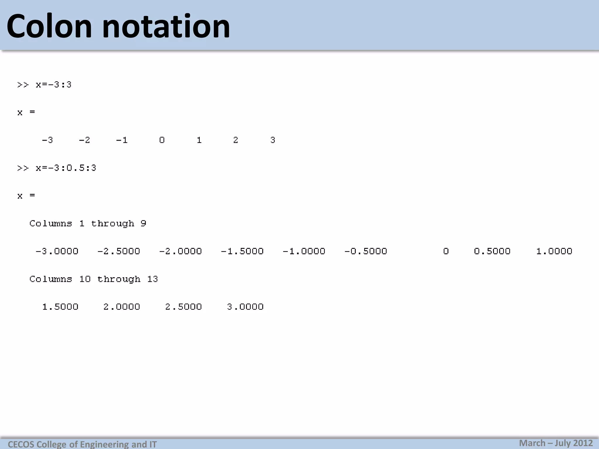 Colon notation

CECOS College of Engineering and IT

March – July 2012

 