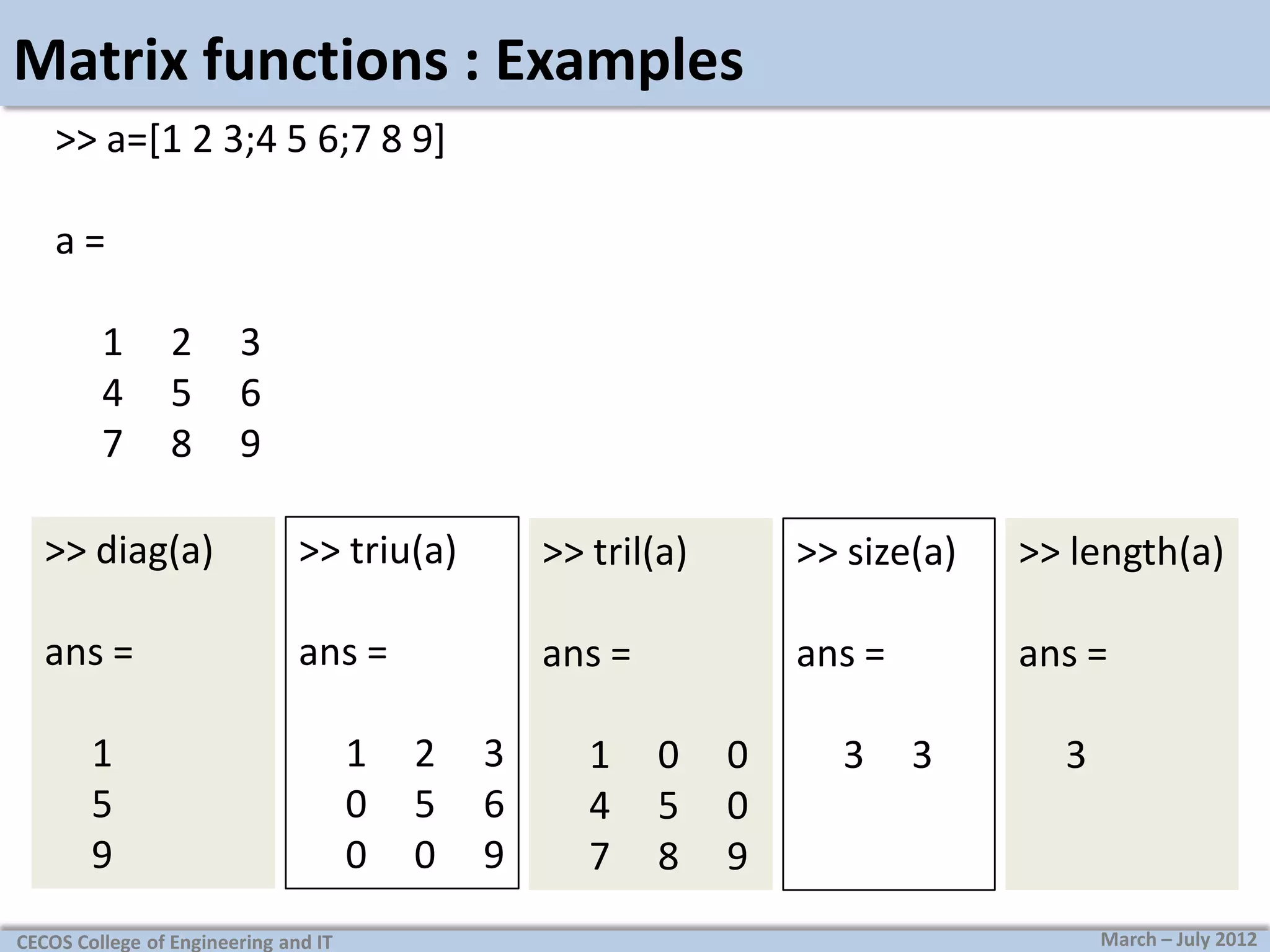 Matrix functions : Examples
>> a=[1 2 3;4 5 6;7 8 9]
a=
1
4
7

2
5
8

3
6
9

>> diag(a)

>> triu(a)

>> tril(a)

>> size(a)

>> length(a)

ans =

ans =

ans =

ans =

ans =

1
5
9
CECOS College of Engineering and IT

1
0
0

2
5
0

3
6
9

1
4
7

0
5
8

0
0
9

3

3

3

March – July 2012

 