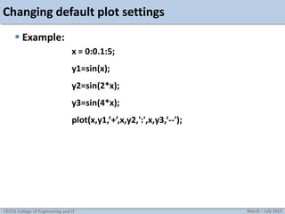 Changing default plot settings
 Example:
x = 0:0.1:5;
y1=sin(x);
y2=sin(2*x);
y3=sin(4*x);

plot(x,y1,’+’,x,y2,':',x,y3,‘--');

CECOS College of Engineering and IT

March – July 2012

 