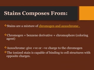 Stains Composes From:
Stains are a mixture of chromogen and auxochrome .
Chromogen = benzene derivative + chromophore (coloring
agent)
Auxochrome: give +ve or –ve charge to the chromogen
The ionized stain is capable of binding to cell structures with
opposite charges.
 