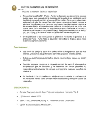 UNVERSIDAD NACIONAL DEINGENERIA
2014-III
FACULTAD DE INGENERIA ELECTRICAY ELECTRONICA
 Respectoa la gráfica N°1 (Punto – Punto) la distorsión que se comenta observa
puede haber sido causada por la oxidación de la punta de los electrodos como
también la perpendicularidad al buscar el Potencial en Cero, como sabemos en
esta región el valor del campo E es más intenso y además en la raíz cercana al
eje de un de polo siempreel campoes muy intenso, también hay que considerar
los errores debido a los equipos que dejamos, como la fuente de poder que
puede haber dado un voltaje no muy constante y esto hacia que el campo no
solo varia con respecto a la posición V(x,y); E(x,y) sino también con el tiempo
(V(x,y,t); E (x,y,t)). Este error no es tan grosero en las demás gráficas.
 De la gráfica N° 3 se concluye que la gráfica es resultante es parecida a la
gráfica de Punto - Punto hacia la izquierda y parecida a la de placa-placa hacia
la derecha aproximadamente.
Conclusiones:
 Las líneas de campo E están más juntas donde la magnitud de este es más
intenso, y las curvas equipotenciales son más apegadas en estas zonas.
 Sobre una superficie equipotencial no ocurre movimiento de cargas por acción
eléctrica.
 También se puede comprobar la perpendicularidad del vector E a la superficie
equipotencial por la ecuación y la definición de vector gradiente V,
matemáticamente el vector VV siempre es ortogonal a cualquier superficie de
nivel de V.
 La fuente de poder no conduce un voltaje no muy constante, lo que hace que
los resultados varíen, como también influye la oxidación y tiempo de uso de los
materiales.
BIBLIOGRAFIA
 Serway, Raymond; Jewett, Jhon: Física para ciencias e Ingeniería. Vol. II.
 [1] Thomson. México 2005.
 Sears, F.W.; Zemansk M.; Young H.: Freddman.: Fisica Universitaria
 [2] Vol. II Adisson Wesley. México 2004.
 