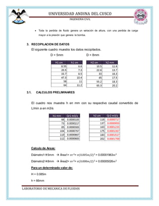 UNIVERSIDAD ANDINA DEL CUSCO
INGENIERIA CIVIL
LABORATORIO DE MECANICA DE FLUIDOS
 Toda la perdida de fluido genera un variación de altura, con una perdida de carga
mayor a la presión que genera la bomba.
3. RECOPILACION DE DATOS
El siguiente cuadro muestra los datos recopilados.
D = 5mm D = 8mm
3.1. CALCULOS PRELIMINARES
El cuadro nos muestra h en mm con su respectivo caudal convertido de
L/min a en m3/s
Calculo de Areas:
Diámetro15mm  Área1= 𝜋𝑟2= 𝜋(0.005𝑚/2)2 = 0.00001963𝑚2
Diámetro28mm  Área2= 𝜋𝑟2= 𝜋(0.008𝑚/2)2 = 0.00005026𝑚2
Para un determinado valor de:
H = 0.085m
h = 66mm
 