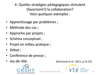 4- Quelles stratégies pédagogiques stimulent
              (favorisent?) la collaboration?
                 Voici quelques exemples :

•   Apprentissage par problèmes ;
•   Méthode des cas ;
•   Approche par projets ;
•   Schéma conceptuel ;
•   Projet en milieu pratique ;
•   Débat ;
•   Conférence de presse ;
•   Jeu de rôle.                (Arsenault et al., 2011, p.15-22)


                          Daniel LaBillois 12 février 2013          22
 