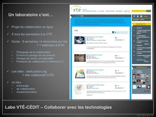 Un laboratoire c’est…

 Projet de collaboration en ligne

 À tous les semestres à la VTÉ

 Durée : 8 semaines / 4 rencontres sur Via
                   + 1 webinaire à la fin

   •   Pédagogie de la collaboration
   •   Écriture et partage de documents
   •   Partage de cartes conceptuelles
   •   Pratiques de collaboration à distance 2.0


 Les sites : vteducation.org
          + wiki collaboratif (VTÉ)

 Un lieu :
   •   d’échange
   •   de collaboration
   •   d’expérimentation




Labo VTÉ-CÉDIT – Collaborer avec les technologies
                                                   6   12 h 12 à 12 h 15
 