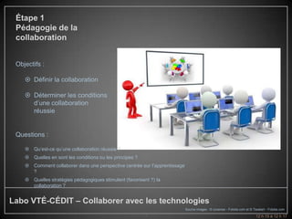 Étape 1
 Pédagogie de la
 collaboration


 Objectifs :

     Définir la collaboration

     Déterminer les conditions
      d’une collaboration
      réussie


 Questions :

     Qu’est-ce qu’une collaboration réussie ?
     Quelles en sont les conditions ou les principes ?
     Comment collaborer dans une perspective centrée sur l’apprentissage
      ?
     Quelles stratégies pédagogiques stimulent (favorisent ?) la
      collaboration ?


Labo VTÉ-CÉDIT – Collaborer avec les technologies
                                                                            Source images : © coramax - Fotolia.com et © Texelart - Fotolia.com
                                                          7                                                                12 h 15 à 12 h 17
 