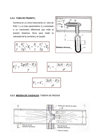 3.2.2. TUBO DE PRANDTL:
Combina en un único instrumento un tubo de
Pitot 1 y un tubo piezométrico 2 y conectado
a un manómetro diferencial que mide la
presión dinámica. Sirve para medir la
velocidad de la corriente y el caudal.
3.2.3. MEDIDA DE CAUDALES: TOBERA DE MEDIDA
2
2
22
1
2
11
22
Z
g
VP
Z
g
VP
)(2 212
2
PPg
V
)(2 21
2
PP
V
)(2 21
2
PP
CV v
 