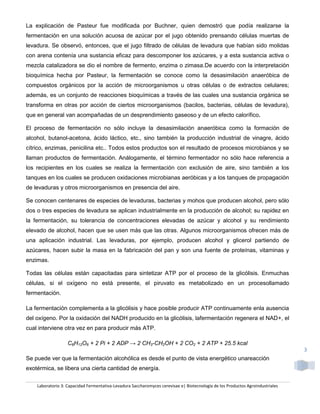 La explicación de Pasteur fue modificada por Buchner, quien demostró que podía realizarse la
fermentación en una solución acuosa de azúcar por el jugo obtenido prensando células muertas de
levadura. Se observó, entonces, que el jugo filtrado de células de levadura que habían sido molidas
con arena contenía una sustancia eficaz para descomponer los azúcares, y a esta sustancia activa o
mezcla catalizadora se dio el nombre de fermento, enzima o zimasa.De acuerdo con la interpretación
bioquímica hecha por Pasteur, la fermentación se conoce como la desasimilación anaeróbica de
compuestos orgánicos por la acción de microorganismos u otras células o de extractos celulares;
además, es un conjunto de reacciones bioquímicas a través de las cuales una sustancia orgánica se
transforma en otras por acción de ciertos microorganismos (bacilos, bacterias, células de levadura),
que en general van acompañadas de un desprendimiento gaseoso y de un efecto calorífico.

El proceso de fermentación no sólo incluye la desasimilación anaeróbica como la formación de
alcohol, butanol-acetona, ácido láctico, etc., sino también la producción industrial de vinagre, ácido
cítrico, enzimas, penicilina etc.. Todos estos productos son el resultado de procesos microbianos y se
llaman productos de fermentación. Análogamente, el término fermentador no sólo hace referencia a
los recipientes en los cuales se realiza la fermentación con exclusión de aire, sino también a los
tanques en los cuales se producen oxidaciones microbianas aeróbicas y a los tanques de propagación
de levaduras y otros microorganismos en presencia del aire.

Se conocen centenares de especies de levaduras, bacterias y mohos que producen alcohol, pero sólo
dos o tres especies de levadura se aplican industrialmente en la producción de alcohol; su rapidez en
la fermentación, su tolerancia de concentraciones elevadas de azúcar y alcohol y su rendimiento
elevado de alcohol, hacen que se usen más que las otras. Algunos microorganismos ofrecen más de
una aplicación industrial. Las levaduras, por ejemplo, producen alcohol y glicerol partiendo de
azúcares, hacen subir la masa en la fabricación del pan y son una fuente de proteínas, vitaminas y
enzimas.

Todas las células están capacitadas para sintetizar ATP por el proceso de la glicólisis. Enmuchas
células, si el oxígeno no está presente, el piruvato es metabolizado en un procesollamado
fermentación.

La fermentación complementa a la glicólisis y hace posible producir ATP continuamente enla ausencia
del oxígeno. Por la oxidación del NADH producido en la glicólisis, lafermentación regenera el NAD+, el
cual interviene otra vez en para producir más ATP.

                   C6H12O6 + 2 Pi + 2 ADP → 2 CH3-CH2OH + 2 CO2 + 2 ATP + 25.5 kcal
                                                                                                                                3
Se puede ver que la fermentación alcohólica es desde el punto de vista energético unareacción
exotérmica, se libera una cierta cantidad de energía.

    Laboratorio 3: Capacidad Fermentativa-Levadura Saccharomyces cerevisae e| Biotecnología de los Productos Agroindustriales
 