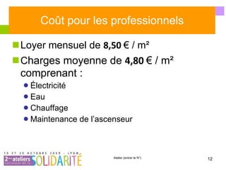 Coût pour les professionnels Loyer mensuel de  8,50  € / m² C harges moyenne de  4,80   € / m² comprenant : Électricité Eau Chauffage Maintenance de l’ascenseur 
