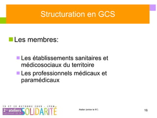 Structuration en GCS Les membres: Les établissements sanitaires et médicosociaux du territoire Les professionnels médicaux et paramédicaux 