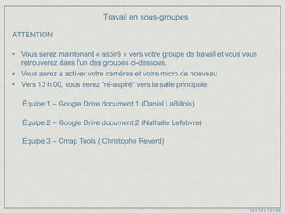 Travail en sous-groupes

ATTENTION

• Vous serez maintenant « aspiré » vers votre groupe de travail et vous vous
  retrouverez dans l'un des groupes ci-dessous.
• Vous aurez à activer votre caméras et votre micro de nouveau
• Vers 13 h 00, vous serez "ré-aspiré" vers la salle principale.

   Équipe 1 – Google Drive document 1 (Daniel LaBillois)

   Équipe 2 – Google Drive document 2 (Nathalie Lefebvre)

   Équipe 3 – Cmap Tools ( Christophe Reverd)




                                          7                              12 h 13 à 13 h 00
 